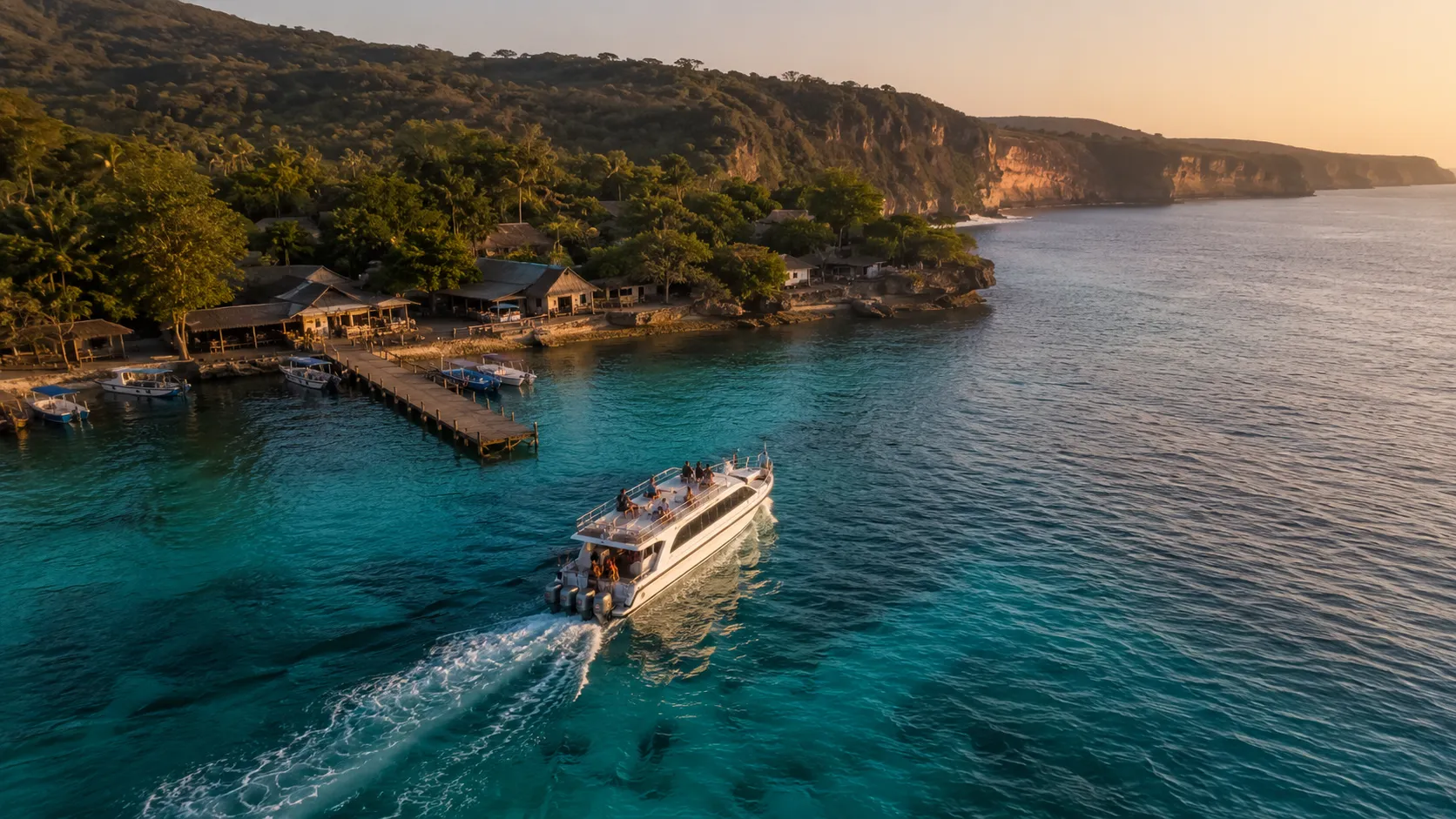 Fast boat departing Buyuk Harbour Nusa Penida toward Gili Gede