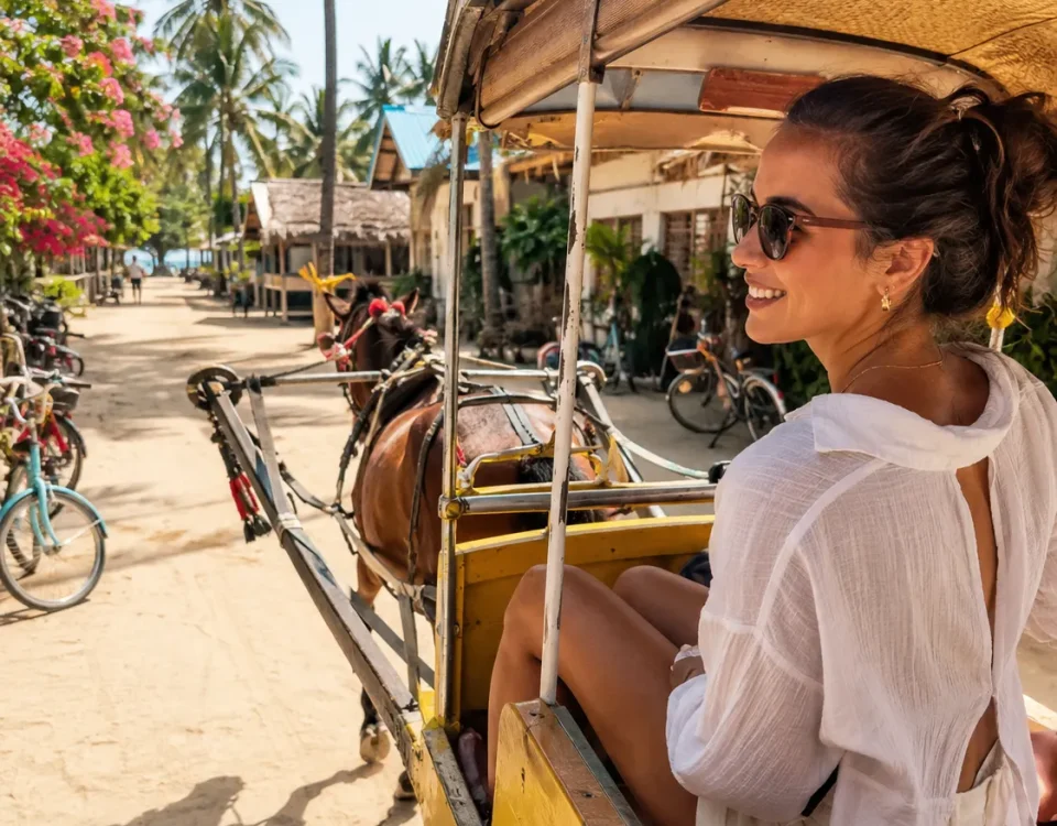 Woman smile going on with cidomo around gili trawangan