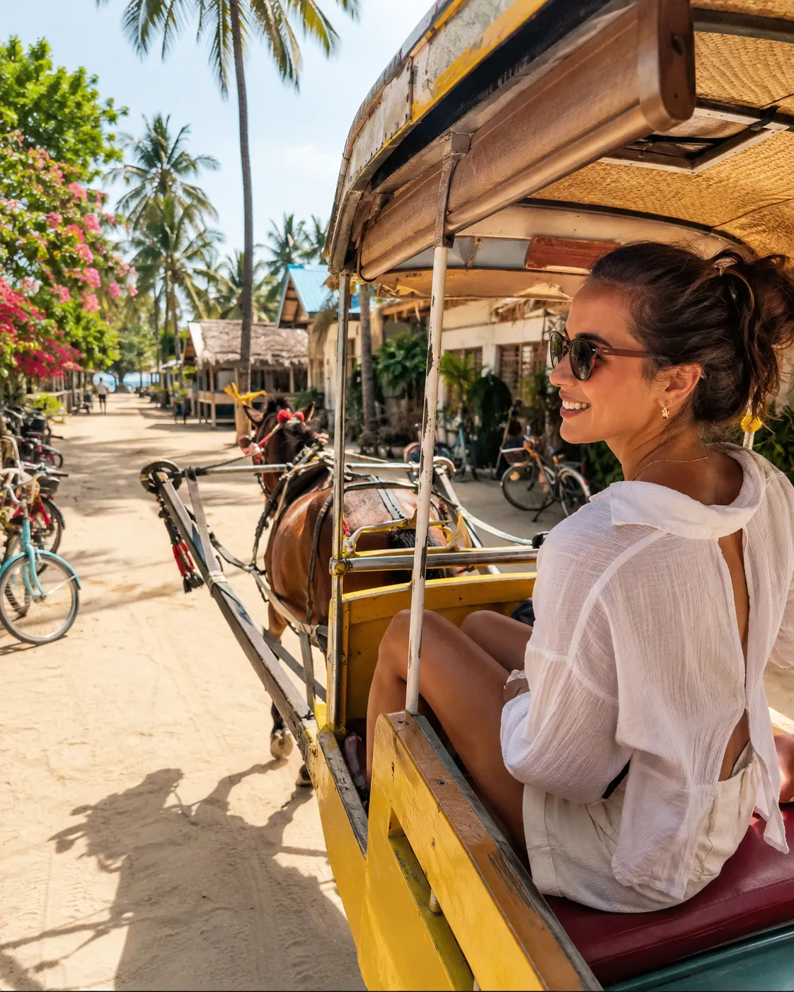 Cidomo horse cart on the sandy paths of Gili Trawangan — the island's engine-free transport