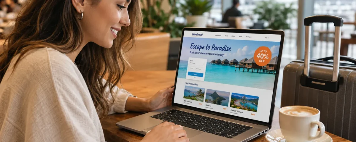 woman traveler looking for promotion in to website