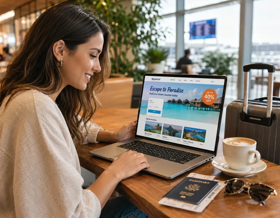 woman traveler looking for promotion in to website